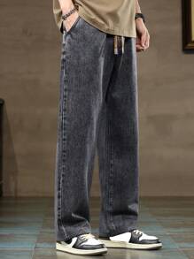 3 confezioni di jeans larghi a vita elastica con coulisse, lavati e delavati, adatti per abbinamenti quotidiani, jeans a gamba ampia con tasche, blu, grigi, neri