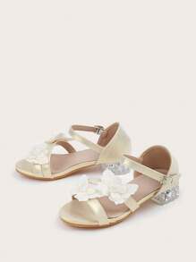 1 par de sandalias doradas con diseño de hebilla en forma de lazo, tacón ancho cómodo y punta abierta, para niños/niños pequeños, de estilo elegante y versátil, para primavera/verano/otoño
