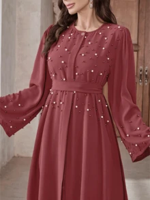 Elegant Solid Color Turkish Style Women's Long Robe Robe, Pearl Embellished Long Sleeve With Belt Abaya,Modest - Rusty Rose - View 1