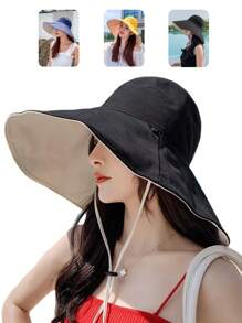 Sonnenhut für Damen mit breiter Krempe, wendbarer schwarzer Hut im koreanischen Stil, lässiger, eleganter Sonnenschutz-Fischerhut aus Polyester für die Mode, Frühling/Sommer