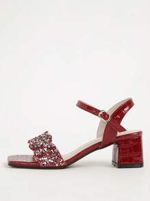Women's High Heel Fashion Sandals, Crocodile Embossed Side Buckle Strap Square Toe Wide Base Sexy Charming Versatile Party Holiday Outdoor Comfortable High Heel Sandals - Burgundy - View 3