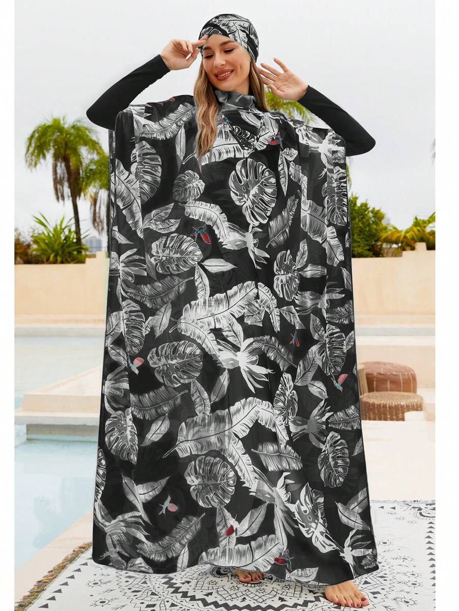 Women's Tropical Print Burkini Swimsuit, Beach Vacation