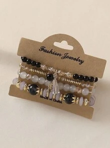 4pcs Crystal Glass Bohemian Style Beaded Bracelet Set - Black - View 6