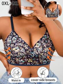 Lencería sujetador con encaje y estampado floral, cómodo y sin aros, para mujer talla grande