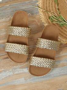 男女童户外厚底拖鞋夏季新款圆头面料编织设计时尚大方时尚儿童复合底拖鞋 - 金色 - 查看 2