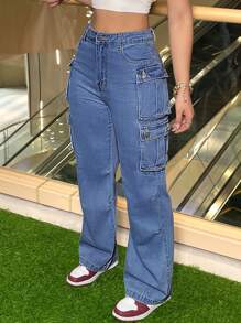 Plus Size Women's Cargo Pocket Straight Leg Jeans Pants - 中等水洗藍 - 查看 4