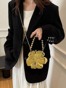 A Golden Solid Color Crossbody Shoulder Bag With Detachable Chain, Magnetic Buckle Unlined Handbag, Y2K Style Acrylic Flower Dinner Bag, Suitable For Women, Exquisite Floral Bag For Women , Gold Bag - Gold - View 7