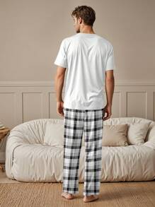 1 Set Men's Pajama Set Including 1 Plaid Long Pants And 1 White Short Sleeve T-Shirt With "King" Print