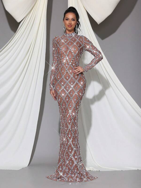 Modphy Luxury Sequin Embroidered Beaded Sheer Long Sleeve Bodycon Dress, Sexy Formal Bridesmaid Gown For Wedding, Party, Holiday