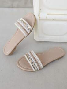 2025夏季新款女童亮片人字拖，平底，休闲，透气，轻便，舒适沙滩拖鞋 - 米色 - 查看 3