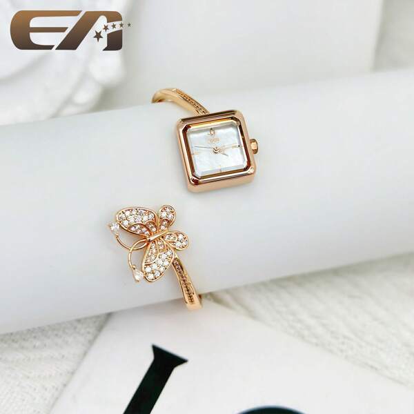 EA 1 pieza Reloj de cuarzo de lujo y moda para mujeres con pulsera de brazalete metálico dorado con mariposa, diamantes naturales, diseño impermeable, esfera pequeña única, incluye caja de regalo, apto para regalos de novia o mamá