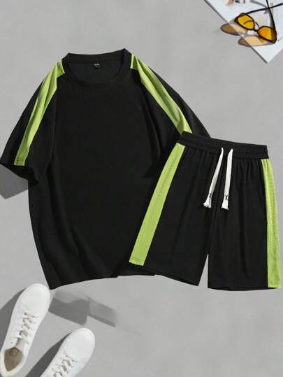 2 件套男士运动拼布速干套装，春夏