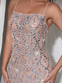 Modphy 奢华亮片水晶钻透视网眼无袖紧身连衣裙，性感细肩带伴娘婚礼派对晚礼服，婚礼宾客礼服，正式礼服 - 杏色 - 查看 9