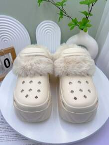 Solid Color Warm Indoor Slippers, Fluffy Warm Lining Thick Non-Slip Sole, Comfortable Plush Shoes For Winter, High Heel Sandals - Khaki - View 10