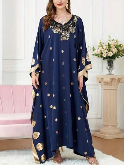 Women's Elegant Solid Color Turkish Lace Robe, Long Sleeve V-Neck Gold Foil Retro Printed Abaya Dress, Arabian Style, Modest Kaftan