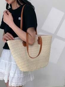 1 件大容量草编手提包，女士编织包，适合春季户外旅行，夏季时尚百搭单肩包，沙滩度假包，条纹编织手提包 - 米色 - 查看 6