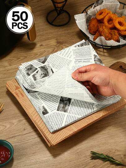 50pcs Vintage Newspaper Print Food Wrapping Paper, Greaseproof Paper Sheets, Oil-Proof Food Paper For Lining Baskets, Disposable Baking Paper For Fries And Burgers, Multipurpose Baking Mat, Essential Kitchen Supplies, Perfect Party Supplies For Halloween, Christmas, And BBQs.(The Position Of The Pattern Is Asymmetrical And Random)