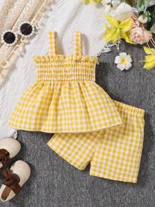 Baby Mädchen Frühling Erdbeere Stickerei Schleife Plaid Camisole Top mit Rot Polka Dot Shorts Set