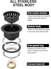 B9171 Black Kitchen Sink Drain Kit 3 1/2 Sink Strainer For Kitchen Sink With Stainless Steel Strainer Stopper Drain Assembly Basket Strainer Fit Standard Sink Drain Hole