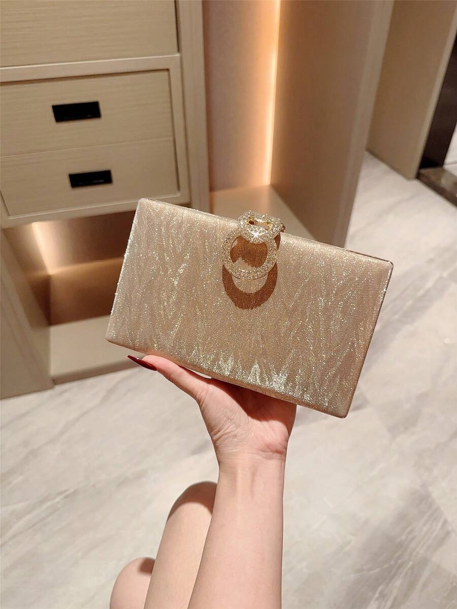 1pc Glittering Box Clutch, Luxury Metallic Glitter Leather Evening Bag, Fashion Rhinestone Decor Women's Handbag, Suitable For Formal Party, Wedding, Date, Gathering Events, Comes With Chain, Prom Bag For Party