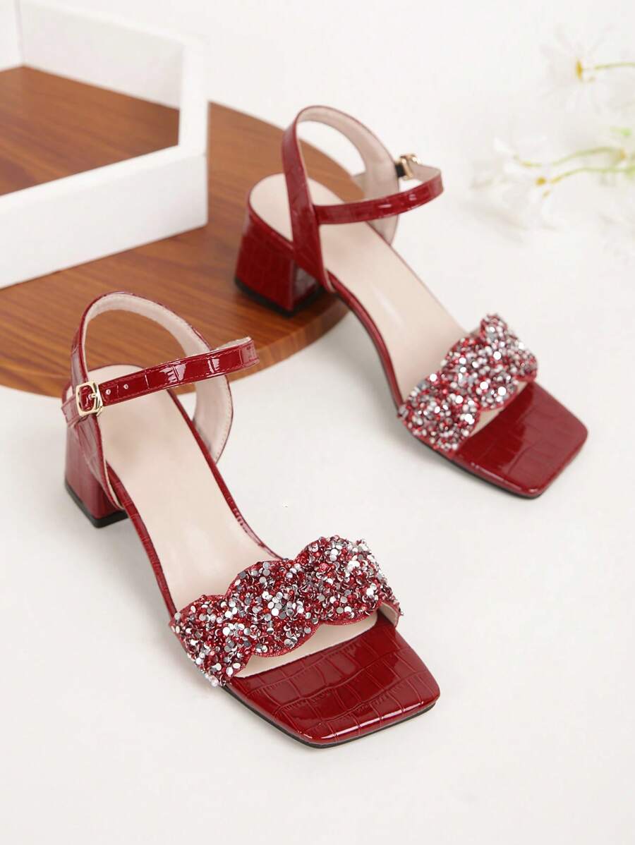 Women's High Heel Fashion Sandals, Crocodile Embossed Side Buckle Strap Square Toe Wide Base Sexy Charming Versatile Party Holiday Outdoor Comfortable High Heel Sandals - Burgundy - View 1