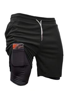 5pcs Men's 2-In-1 Double Layer Shorts With Inner Pockets - High Stretch, Quick-Dry & Breathable Sports Shorts For Gym, Fitness, Outdoor Activities - Black, Blue, Red, Green, White - Lightweight & Comfortable For Summer Workouts, Gym Apparel | Zipper Pocket Shorts | Stretchable Fabric, Perfect For Outdoor - Mixed Colors - View 4