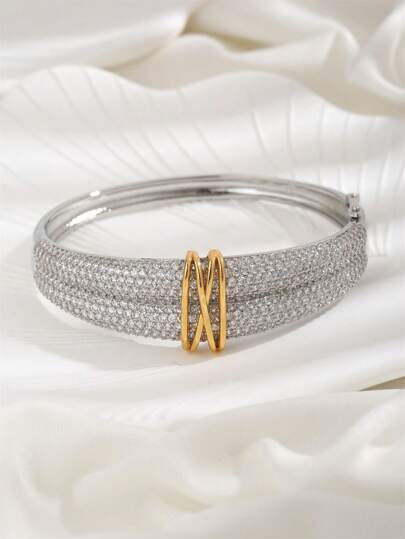 1 Piece Of High Quality Fashionable Double-Layer Design Two-Color Gold-Plated Zirconia Cross Bracelet Suitable For Girls Daily Wear Holiday Gift
