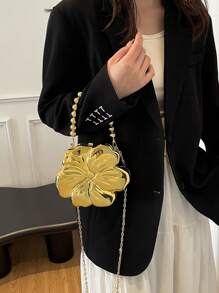 A Golden Solid Color Crossbody Shoulder Bag With Detachable Chain, Magnetic Buckle Unlined Handbag, Y2K Style Acrylic Flower Dinner Bag, Suitable For Women, Exquisite Floral Bag For Women , Gold Bag - Gold - View 6