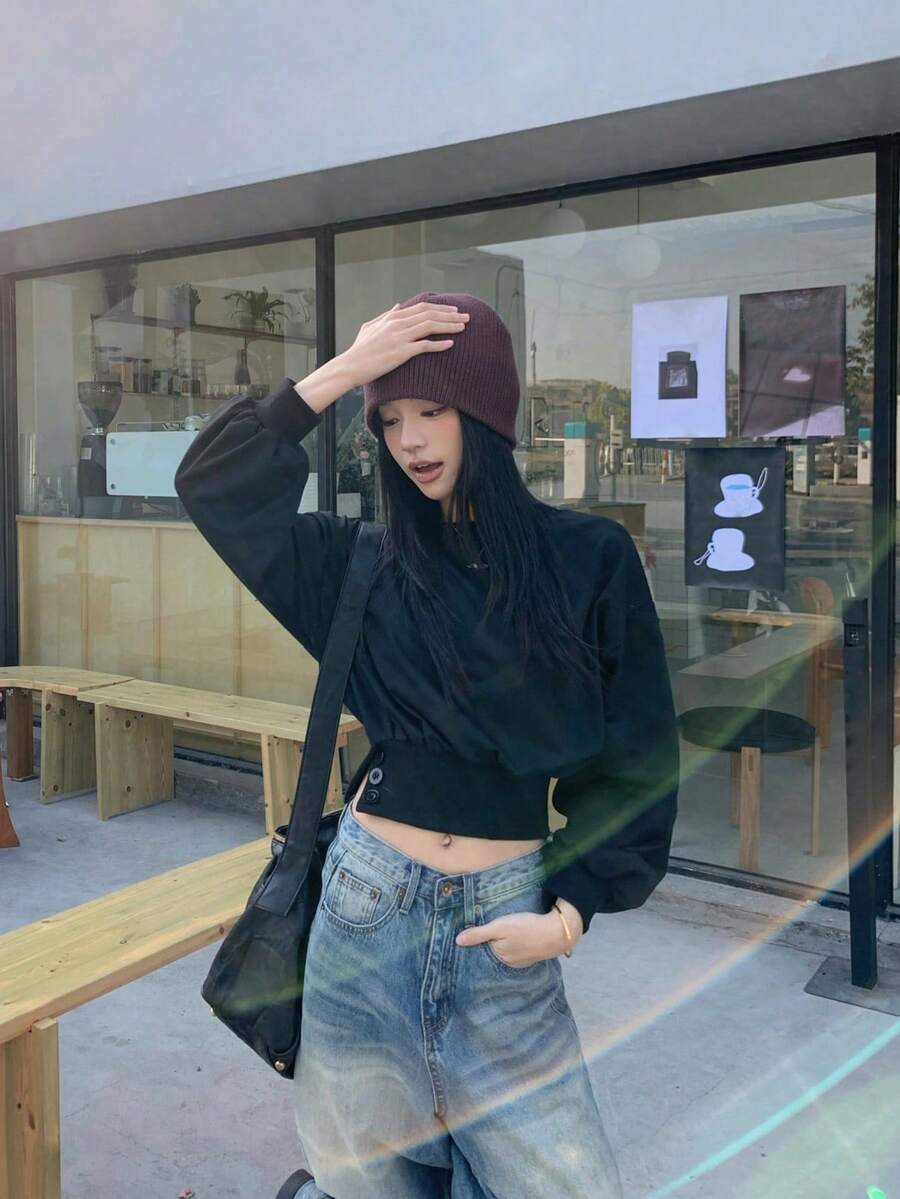 女士纯色休闲百搭束腰纽扣灯笼袖卫衣,秋季黑色春季款 - 黑色 - 查看 1