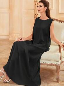 简约无袖圆领纯色仿珍珠休闲连衣裙 春季黑色 - 黑色 - 查看 5