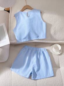 2 Pieces Elegant Casual Tween Girls Top Set, Fashionable Waterdrop Buckle Top Sleeveless Top+Sports Shorts Set, Comfortable And Soft Fabric, Suitable For Festivals Such As Spring, Summer, Autumn, Winter, Etc., Suitable As An Outdoor Gift For Daughters - Blue - View 3