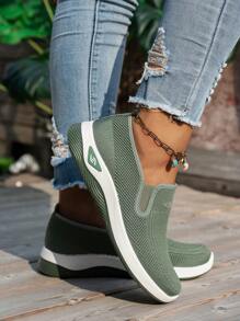 Einfarbige, atmungsaktive Damen-Sneaker, leichte Slip-On-Wanderschuhe mit weicher Sohle, niedrige Strick-Lässig Schuhe - Grün - Übersicht 5