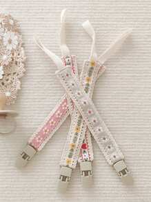 2 件/1 件套蕾丝花朵复古图案可爱婴儿奶嘴夹、缝制出牙玩具、塑料奶嘴夹链