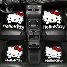 Sanrio 4 pièces Ensemble de housses de siège de voiture Sanrio hello kitty Kulomi Yugui Dog, en tissu tricoté, coussin de voiture à motif de dessin animé de Noël, tapis de sol, accessoires de voyage, tapis de sol de voiture