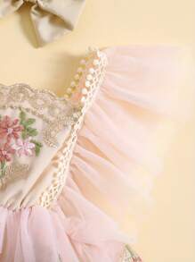 Conjunto de niña recién nacida, mono con mangas abullonadas y bordado de flores con diadema con lazo, ropa de verano - Rosa - Ver 6