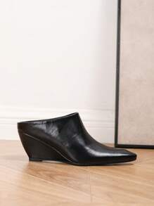 Women's Fashion Korean Style Square Toe Wedge Heel Slip-On Mules, Handmade Pleated Versatile Casual Loafers High Heels - Black - View 7