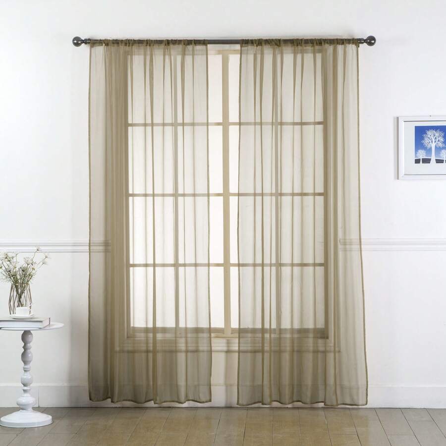 Set Of Two (2) Sheer Window Curtains Panels With Rod Pocket Drape Set Multiple Lengths (63", 84", 95", 108", 120" L) Solid Colors - Taupe - View 1