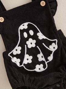 Infant Newborn Baby Girl Halloween Outfits Ruffle Sleeveless Corduroy Overalls Romper Ghost Suspender With Headband - 黑色 - 查看 5