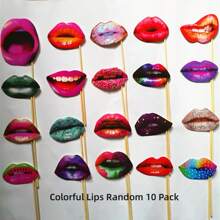 10pcs/Set Assorted Photoshoot Props For Wedding, Bridal Party, Birthday, Nightclub Decor - Paper Mustaches, Red Lips, Etc. - Multicolor - View 7