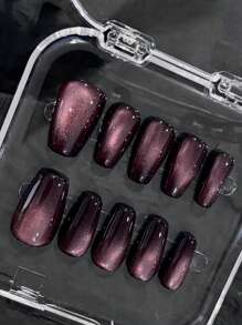 10pcs Purple Holographic Cat Eye False Nails, High-End & Versatile, Natural Looking, Handmade & Reusable Nail Tips