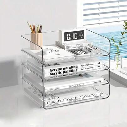 صندوق منظم أوراق A4 قابل للتراص، حافظة ملفات شفافة للمكتب، رف تخزين للوازم المكتبية، مصنوع من البولي بروبلين، مناسب للكتب والمستندات والقرطاسية