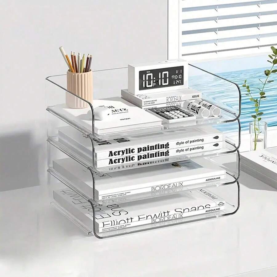 Corbeille à Courrier Empilable 4 Niveaux A4 – Organisateur Bureau Stable Blanc – HKeeper