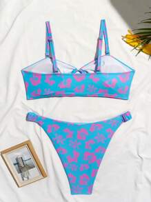 2pcs Plus Size Sexy Off-Shoulder Floral Bikini Set, With Removable Swimsuit Pads, Women Summer Dress, Women Summer Clothing, Festival, Skirt, Ibiza Outfit, Women Swimwear, Blue Bikini Set - Blue - View 4