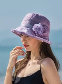 1pc Camellia Flower Casual Elegant Embellished Bucket Hat, Breathable Sun Protection For Spring, Summer & Autumn - Multicolor - View 4