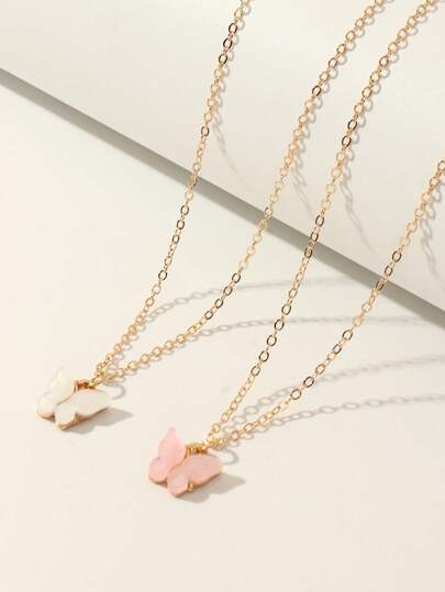 2pcs/Set Girls Layered Butterfly Necklace, Pink & White Shell Butterfly Pendant, Delicate Layered Chain Collarbone Necklace For Daily Decoration