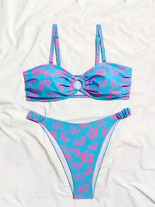 2pcs Plus Size Sexy Off-Shoulder Floral Bikini Set, With Removable Swimsuit Pads, Women Summer Dress, Women Summer Clothing, Festival, Skirt, Ibiza Outfit, Women Swimwear, Blue Bikini Set - Blue - View 7
