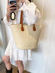 1 件大容量草编手提包，女士编织包，适合春季户外旅行，夏季时尚百搭单肩包，沙滩度假包，条纹编织手提包 - 米色 - 查看 4