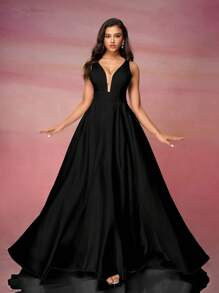 Satin V-Neck A-Line Hem Wedding Dress,Bride - Black - View 6