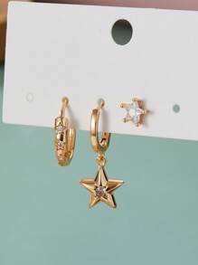 3 件套简约月亮星和心形环状耳环设计，优雅夹式耳环，配合成锆石、铜耳针，适合女性日常和派对佩戴，适合所有季节的百搭珠宝 - 3件套耳環 - 查看 9