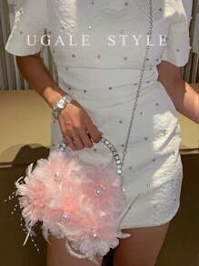 Bolsa transversal Pleated Cloud para mulheres, Clutches de Festa, Bolsas de Seda Pregueada com Flores, Bolsas de Noiva e Casamento, Bolsa de Festa e Formatura, Bolsa Brilhante com Glitter e Strass - Rosa chiclete - Visão 5